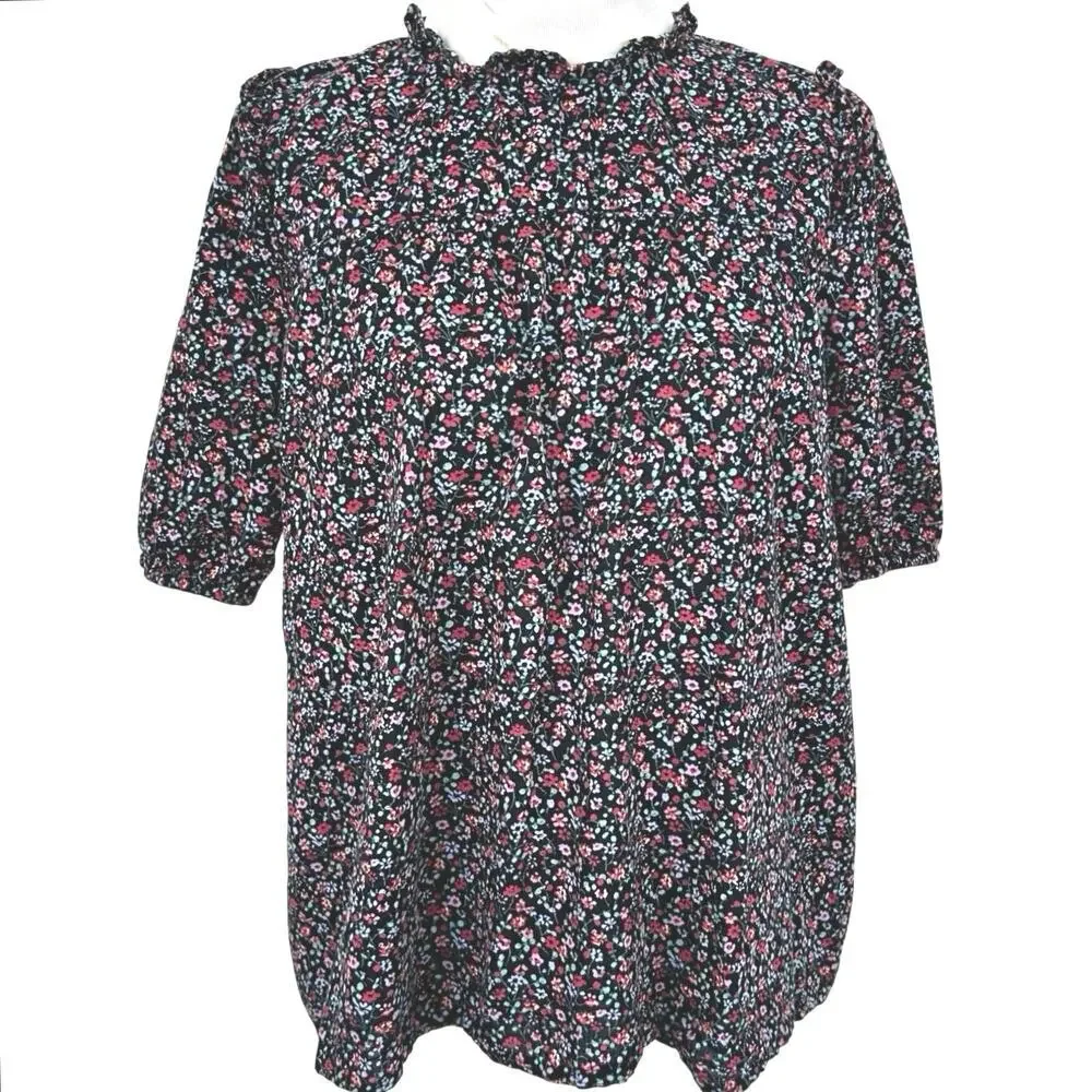 Madewell Floral Blouse Black Ditsy Print Puff Sleeve Cottagecore Top Size S